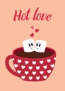 Valentine card cute marshmallow in cup. Hot love lettering Royalty Free Stock Photo