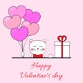 Valentine card. Cute white cat with a gift and balloons. Happy Valentine`s Day greeting card. Vector Royalty Free Stock Photo