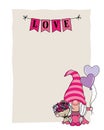 Valentine card. Gnome with flowers and hearts.