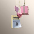 Valentine card with hanging 3D hearts, gift bo