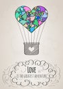 Valentine card with a heart-shaped hot air balloon and a love slogan