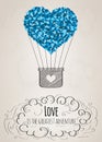 Valentine card with a heart-shaped hot air balloon and a love slogan