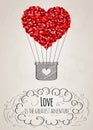 Valentine card with a heart-shaped hot air balloon and a love slogan