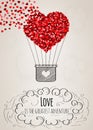 Valentine card with a heart-shaped hot air balloon and a love slogan