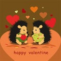 Valentine card with hedgehogs lovers and hearts - vector