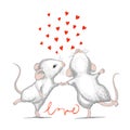 Valentine card with loving mice and calligraphy word LOVE