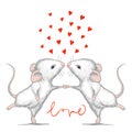 Valentine card with loving mice and calligraphy word LOVE.