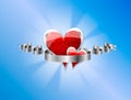 Valentine card with red hearts, silver blank ribbo Royalty Free Stock Photo
