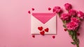 valentine card with roses a pink envelope with red hearts and pink roses on a pink background, symbolizing love and romance Royalty Free Stock Photo