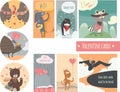 Valentine card set with fun animals with hearts and flowers, smiling, cute, with closed and open eyes. Vector illustration isolate