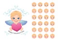 Valentine Card Template with Cute Cartoon Cupid Holding Heart and Collection of Faces in Different Moods Vector Royalty Free Stock Photo