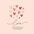 Valentine card template with hand drawn heart shape doodles and lettering word love. Elegant modern design, pre-made