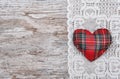 Valentine card with textile heart on lace and old wood