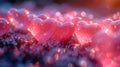 Valentine card with glowing neon pink heart shapes on a dark blurred background. Colorful texture of water drops and