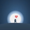 Valentine card vector illustration template with cute couple sitting on a bench at night in moonlight. Moon shining, two