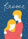 Cute couple hugs on stars dots background with forever lettering postcard valentines day