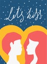 Illustration cute couple in love kissing on heart background with lets kiss lettering, brochure, poster for valentines day