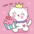Valentine cat cute cartoon hug sweet cupcake (kitten playing). Series: love festival kawaii animals Royalty Free Stock Photo