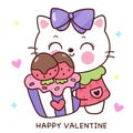 Valentine cat cute cartoon hug sweet strawberry cupcake (kitten playing). Series: love festival kawaii animals. Royalty Free Stock Photo