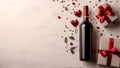 Valentine celebration with wine gifts and hearts