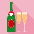 Valentine Champagne Bottle and Two Glasses in Flat