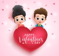 Valentine character vector banner design. Valentines couple characters holding heart shape element.