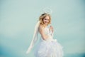 Valentine. Cherub angel pray. Pretty white little girl as the cupid congratulating on St Valentines day. Real fairy from Royalty Free Stock Photo