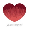 City skyline in red-tone in Valentine concept in heart shaped. Paper art style