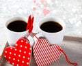 Valentine coffee cups with hearts Royalty Free Stock Photo