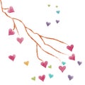 Valentine colorful heart and tree branch on autumn,water color painting picture.