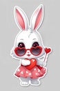 Valentine concept, charming cute bunny with red heart wearing heart shaped glasses and dress isolated on light grey background