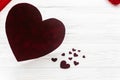 valentine concept. stylish velvet hearts on white wooden background. happy valentines day. greeting card with space for text. wed Royalty Free Stock Photo