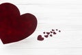 valentine concept. stylish velvet hearts on white wooden background. happy valentines day. greeting card with space for text. wed Royalty Free Stock Photo