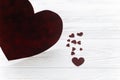 valentine concept. stylish velvet hearts on white wooden background. happy valentines day. greeting card with space for text. wed Royalty Free Stock Photo