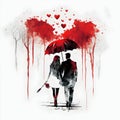 Valentine couple back view umbrella watercolour painting illustration red black