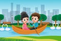 Valentine couple boating vector background concept. Valentines lovers character dating and riding a boat.