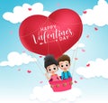 Valentine couple characters vector concept. Valentines lovers riding and dating in heart shape flying balloon.