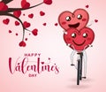 Valentine couple greeting vector design. Happy valentine`s day typography text with heart lovers smiley riding bicycle element. Royalty Free Stock Photo