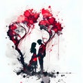 Valentine couple under tree splatter splash ink design illustration wallpaper background