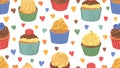 Valentine cupcakes seamless pattern. Bakery cream, raspberry, ganache and chocolate chips and hearts. Love vector background Royalty Free Stock Photo