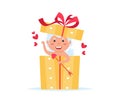 Valentine Cupid angel in gift box. Cute boy or girl cupid cartoon character Royalty Free Stock Photo