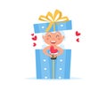 Valentine Cupid angel in gift box. Cute boy or girl cupid cartoon character Royalty Free Stock Photo