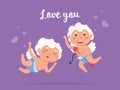 Valentine Cupid love playfully angel. Cute boy and girl couple. Flying angel love shoots bow Royalty Free Stock Photo