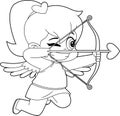 Outlined Cute Female Cupid Baby Cartoon Character With Bow And Arrow Flying