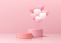 Valentine 3D background with realistic pink cylinder pedestal podium, Floating balloon hearts shape. Pastel minimal wall scene Royalty Free Stock Photo