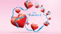 Valentine 3D Colorful Red Romantic Hearts shape flying and Floating blue silk ribbon on pink background. symbols of love for Happy Royalty Free Stock Photo