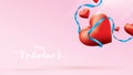 Valentine 3D Colorful Red Romantic Hearts shape flying and Floating blue silk ribbon on pink background. symbols of love for Happy Royalty Free Stock Photo
