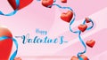 Valentine 3D Colorful Red Romantic Hearts shape flying and Floating blue silk ribbon on pink background. symbols of love for Happy Royalty Free Stock Photo