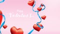 Valentine 3D Colorful Red Romantic Hearts shape flying and Floating blue silk ribbon on pink background. symbols of love for Happy Royalty Free Stock Photo