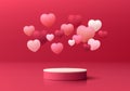 Valentine 3D red background with realistic pink cylinder pedestal podium, Floating flying hearts balloon. Minimal wall scene Royalty Free Stock Photo